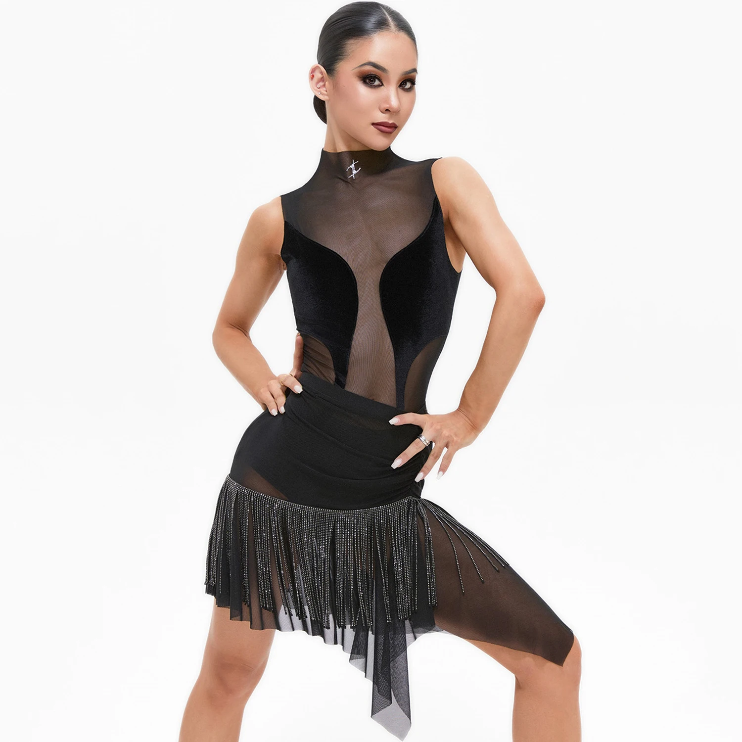 セクシーなラテンダンスの服女性メッシュトップスラインストーンフリンジスカートチャチャルンバダンスパフォーマンス衣装レースドレス DNV24741