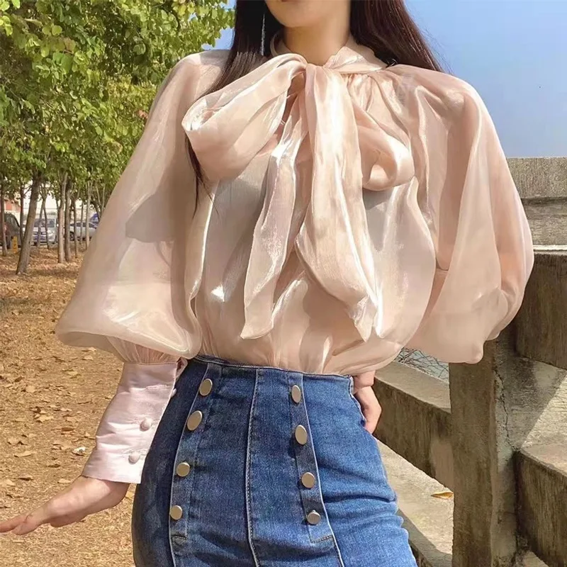 

Shirts & Blouses Elegant Bow Lace Up Women Fashion Sleeve Blusas Mujer 2025 Early Autumn Perspective Casual All-match Blouses