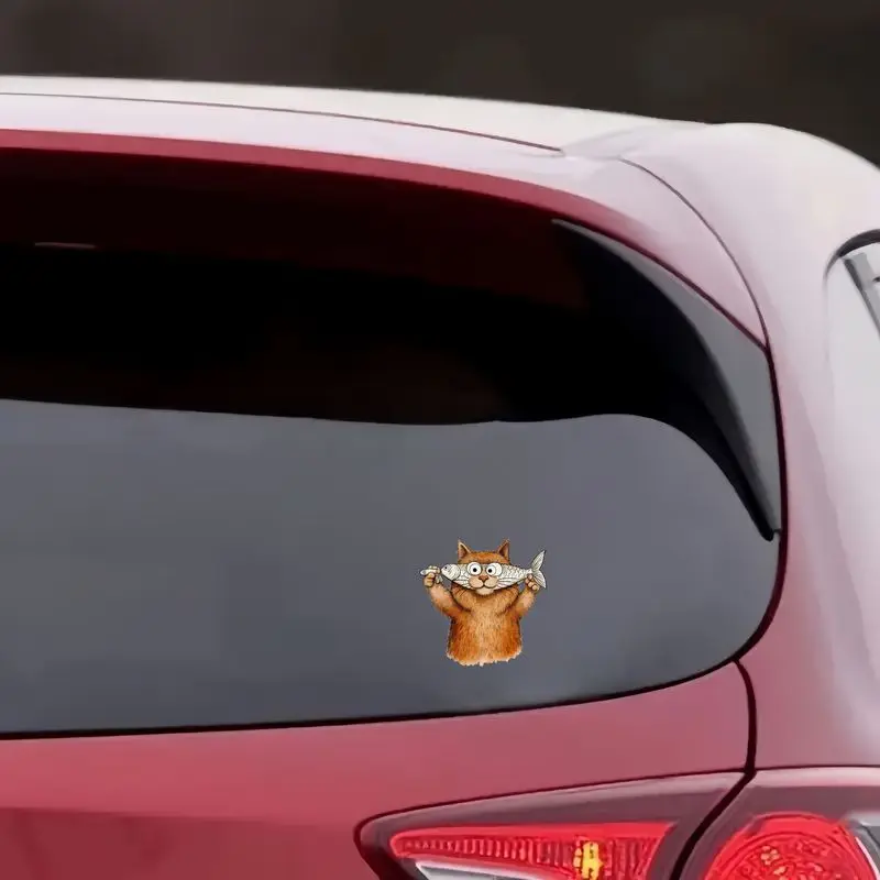 1Pc Cute Orange Cat Holding Fish Vinyl Sticker, 5inch Waterproof Decal for Car Window & Smooth Surfaces