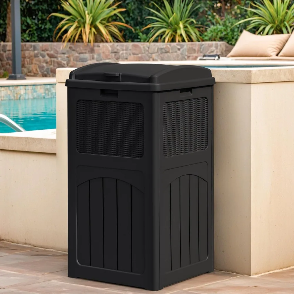 33 gallon outdoor trash can with lid, waterproof resin trash can, used for concealed areas, decks, terraces, black