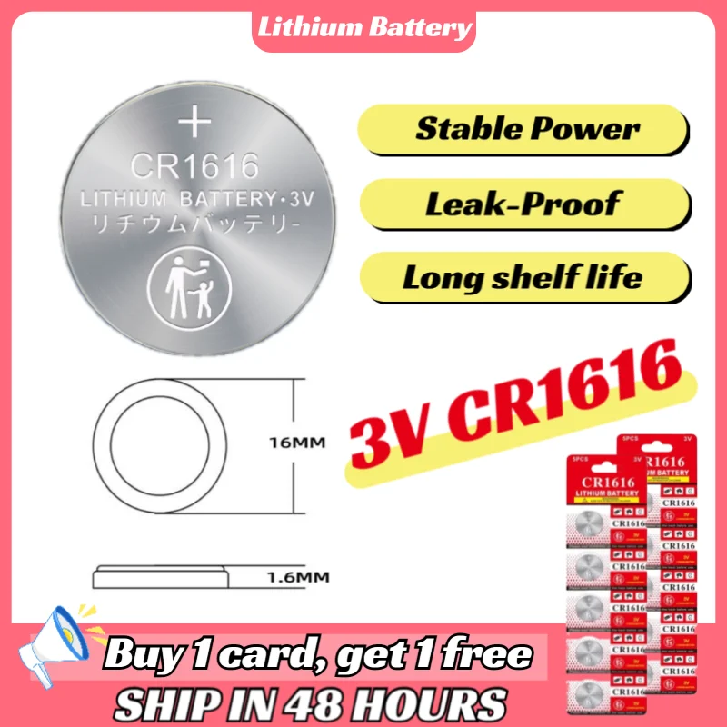 

New 3V CR1616 Lithium Battery 50mAh Coin Cell Replace DL1616 BR1616 5021LC LM1616 KCR1616 for Watch Car Remote Key Fob +1 Free