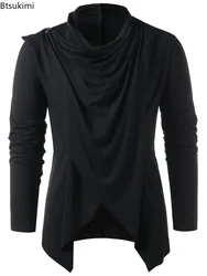 New 2026 Men's Solid Long Sleeve T-shirts Asymmetrical Overlap Design Loose Casual Cardigan Top Men Streetwear Shawl Collar Tees