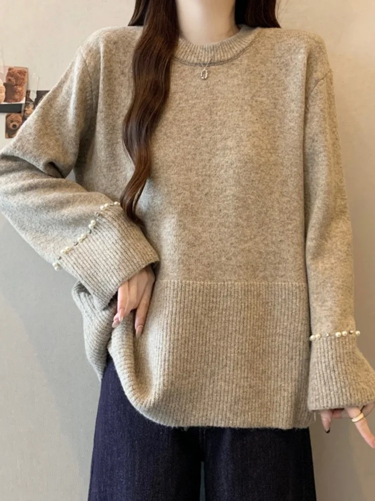 

Casual round Ne Long Sve Knitted Sweater Women's Spring Faion Loose Inner Wear Base irt Top Versatile Simple Design