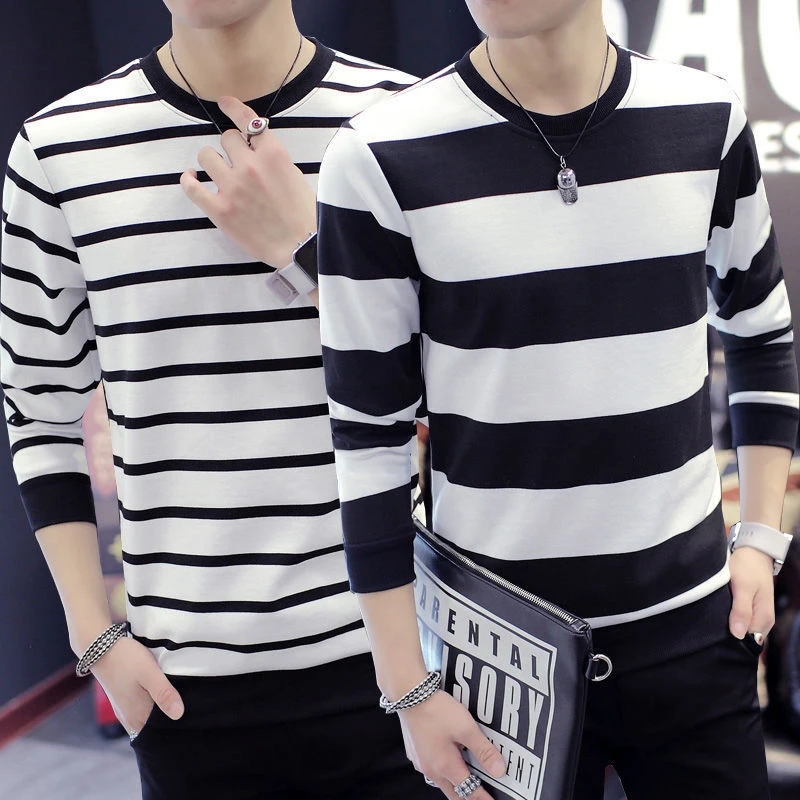 Autumn Winter Striped Print O Neck Long Sleeve Men Sweatshirt Korean Fashion Slim Fit All-match Casual Oversize Pullover T Shirt
