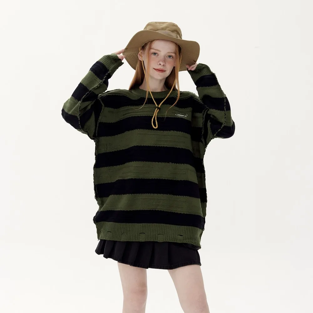 Ripped Alternative Sewing Gothic Knitted Sweaters for Women Girls Striped Oversize Streetwear Pullovers Sloth Winter Clothes