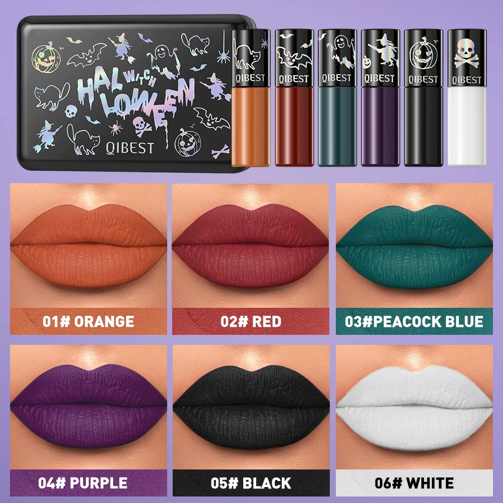 QIBEST 6 colori set di trucco di Halloween rossetto liquido opaco nero bianco viola verde rosso arancione lucidalabbra rossetto antiaderente