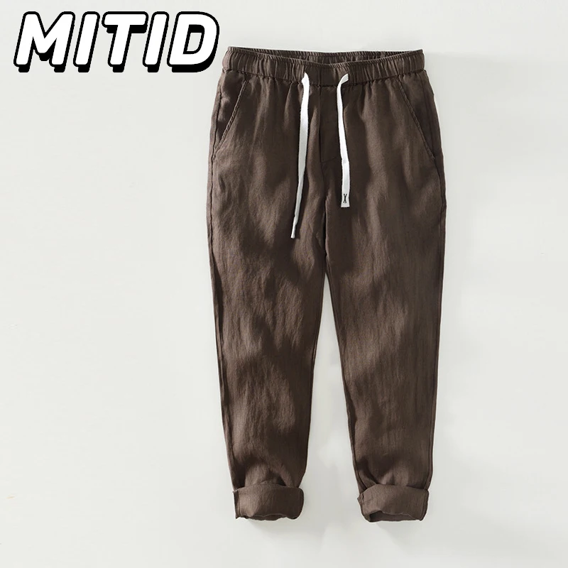 

Дышащие летние мужские брюки в японском стиле из чистого льна, мужская пляжная одежда, зеленые брюки, прямые брюки с эластичной резинкой на талии и шнурком