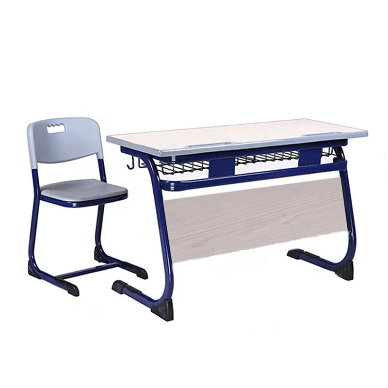 School student double desk and chair classroom study table attached chair with MDF wooden board