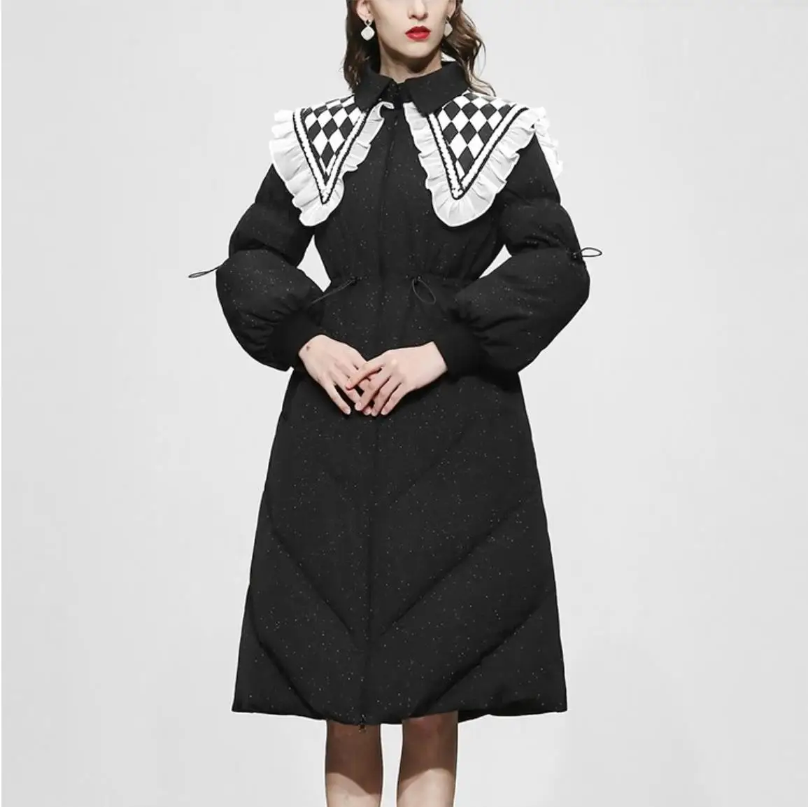 Winter new women's chessboard lapel medium-long white duck down jacket thickened waist over knee black