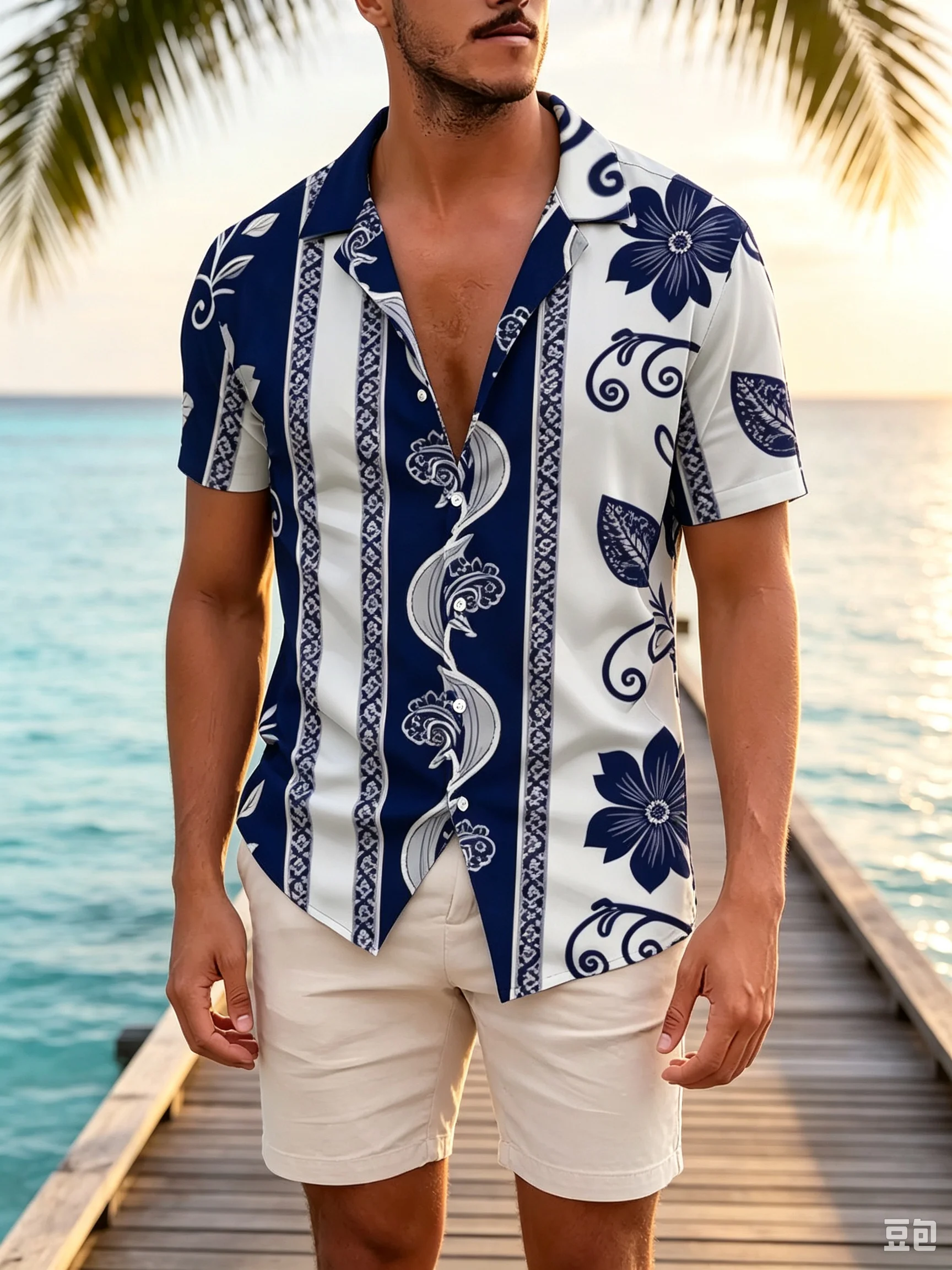 Retro Bohemian Striped Floral Printed Short Sleeved Shirt for Men's Daily Fashion Loose Fit Shirt
