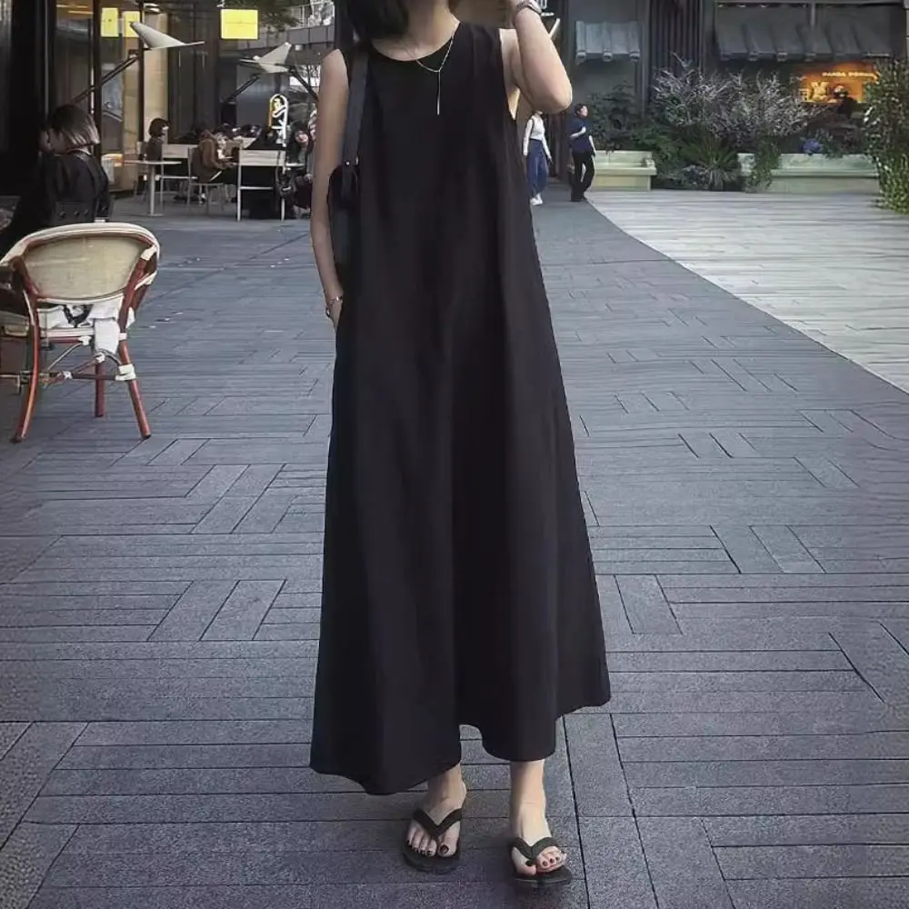

Solid Summer Sleeveless Dress Round Neck Simple Vocation Vest Dresses Beachwear Hollowed Out Open Back Long Dress Ladies