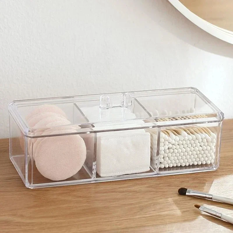 Caja de almacenamiento de cosméticos transparente, organizador de maquillaje, hisopo de algodón de tres colores, caja de almacenamiento de almohadillas de algodón, Material acrílico de escritorio