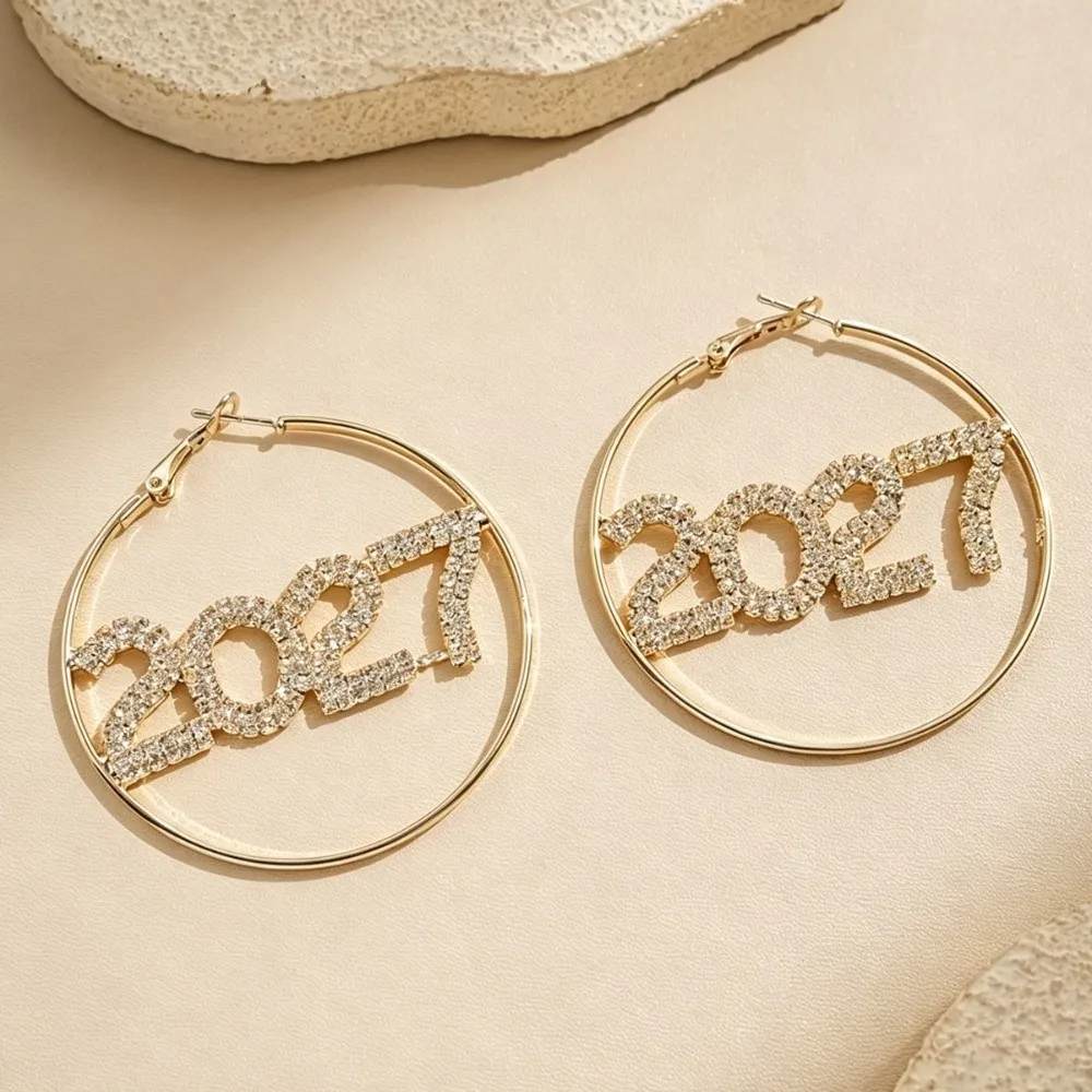 Trendy Elegant 2027 Digital Earrings Fashion Long Drop Happy New Year Earrings Rhinestone Shiny Stud Earrings New Year