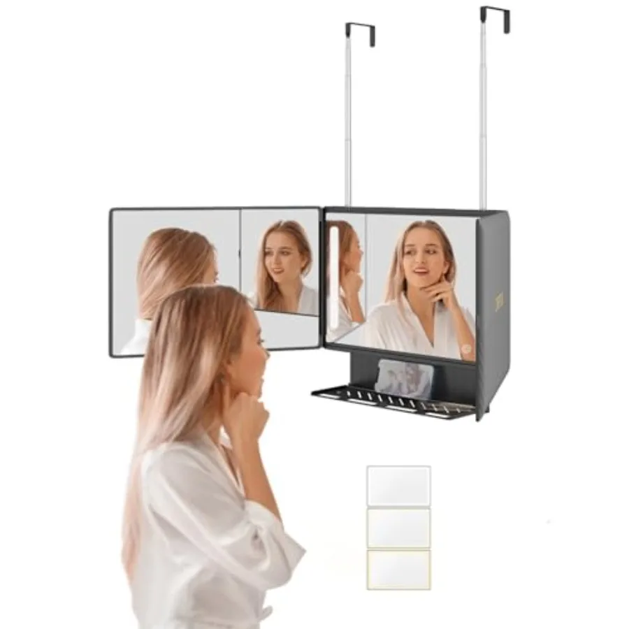 

Трехстороннее зеркало с полкой для хранения и 3-цветной LED-подсветкой, перезаряжаемое, складное, для самостоятельной стрижки, 360° ° Зеркало с регулируемой по высоте подставкой
