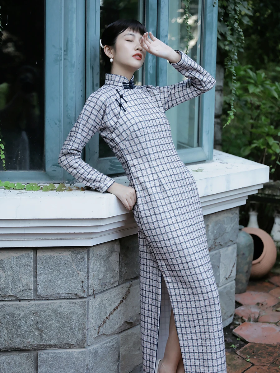 

Длинное платье M Autumn Winter с боковой молнией, цельное, с вставками, винтажное, повседневное, Jie Ruhu, из смешанных тканей