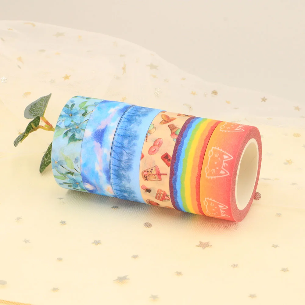 NEW 1PC. Decorative Cats Cups Blue Flowers Forest Paper Washi Tape Set Scrapbooking Planner Adhesive Masking Tape Papeleria