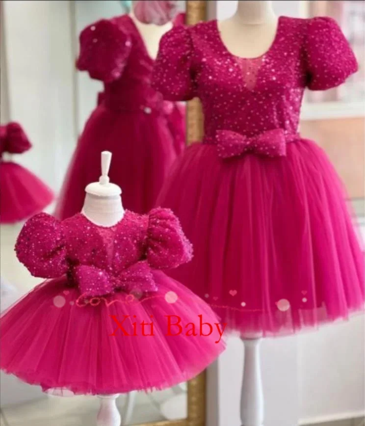 Fuchsia Mommy and Me Fashion Dresses Birthday Puff Mother Daughter Dresses Family Matching Clothing Mom Baby Kid TulleTutu Dress