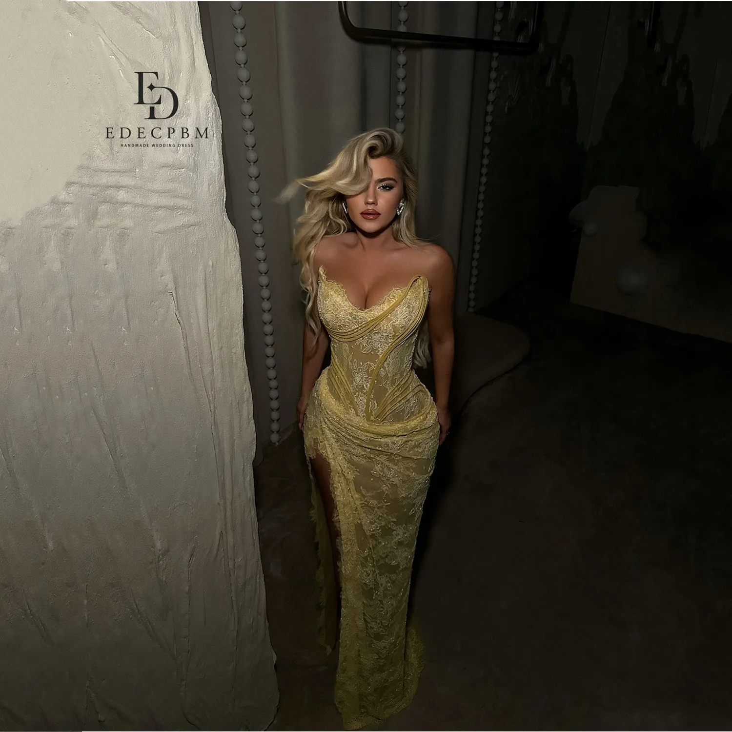 

EDECPBM Lace Evening Dresses فساتين سهرة Vestidos De Festa Customized Yellow Mermaid Beautiful Prom Dresses Store Sexy 2025
