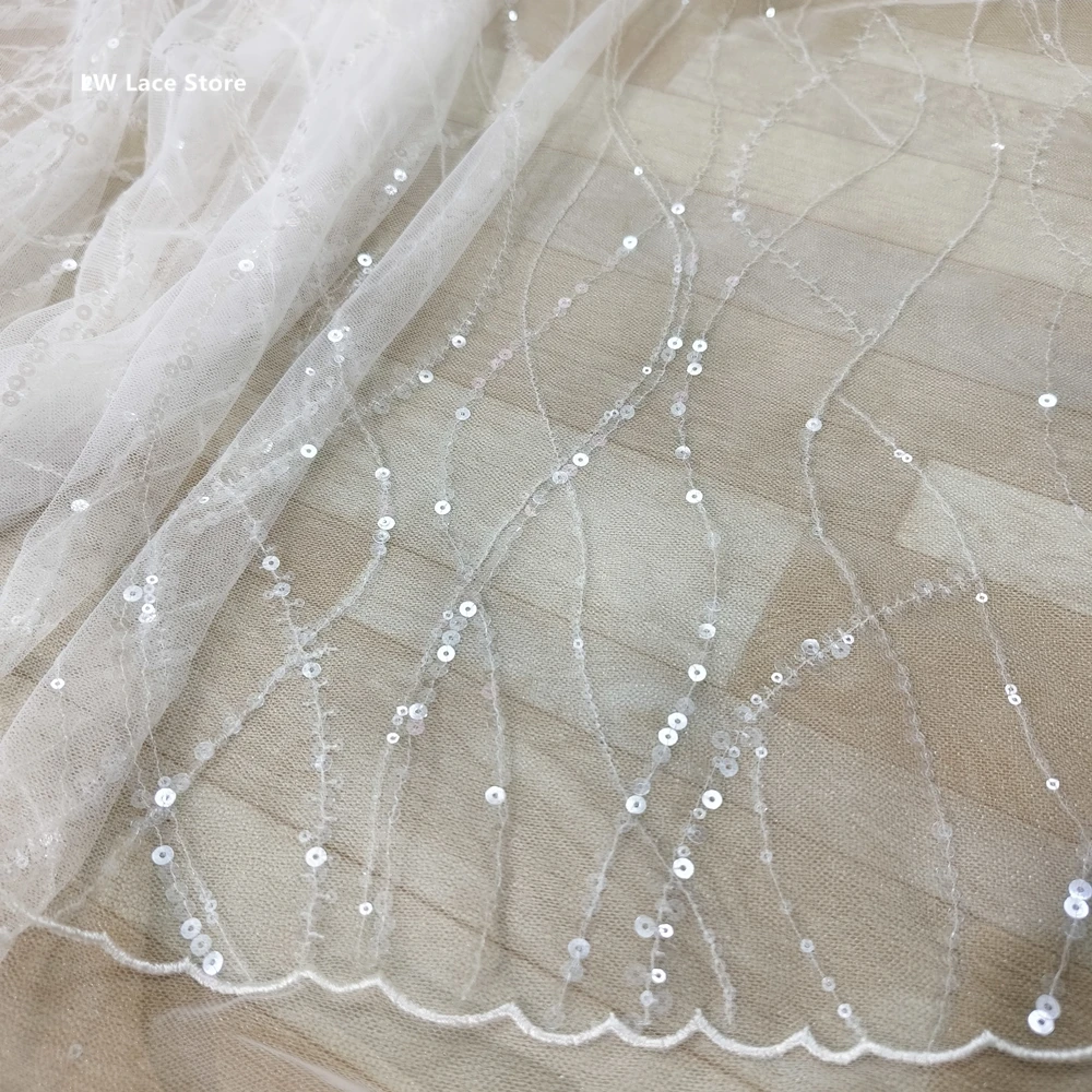 Stunning BlingBling Netting Tulle Mesh with Sequins Fabrics per Meter for Sale Embroidered Strip Wedding Lace Gowns Material