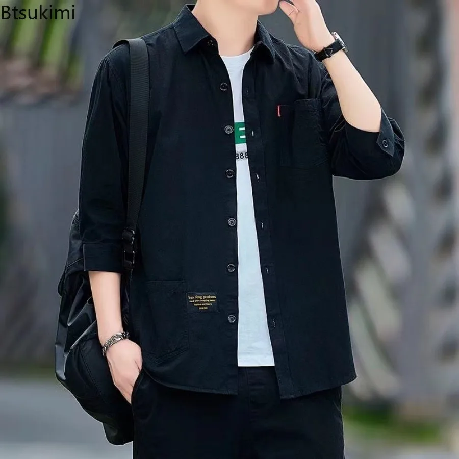 100% Cotton Shirts for Men 2025 Fashion Seven-half Sleeve Men Loose Casual Shirt Coats Breathable Work Shirt Streetwear Man Tops