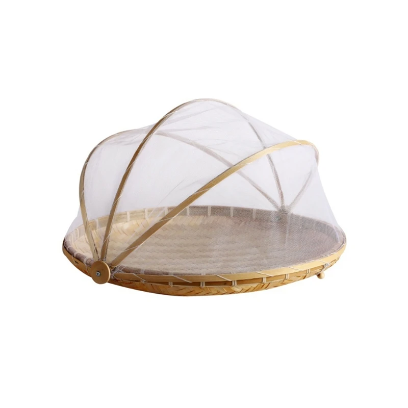 Handmade Bamboo Woven Fruit Vegetable Basket with Mosquito  Proof Net Round Dustproof Wicker Picnic Tray  Bread with 29EF