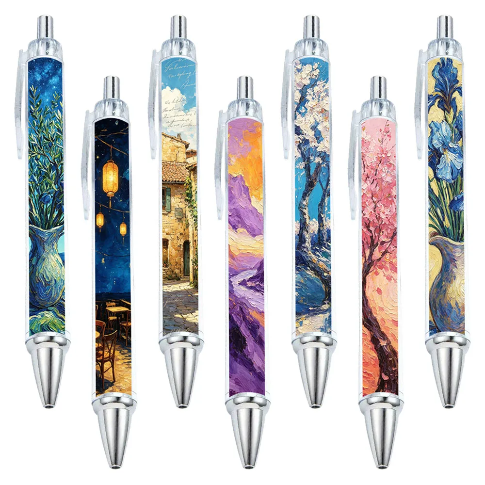 7/14 Stück Kugelschreiber im Post-Impressionist-Stil mit Ölgemälde-Texturmuster, Schreibstift für den täglichen Gebrauch, Muster zufällig