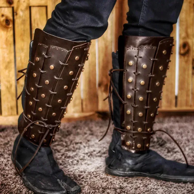 중세 Steampunk 사무라이 기사 PU 다리 갑옷 Greaves 바이킹 해적 신 가드 판타지 각반 부츠 신발 커버 코스프레 의상