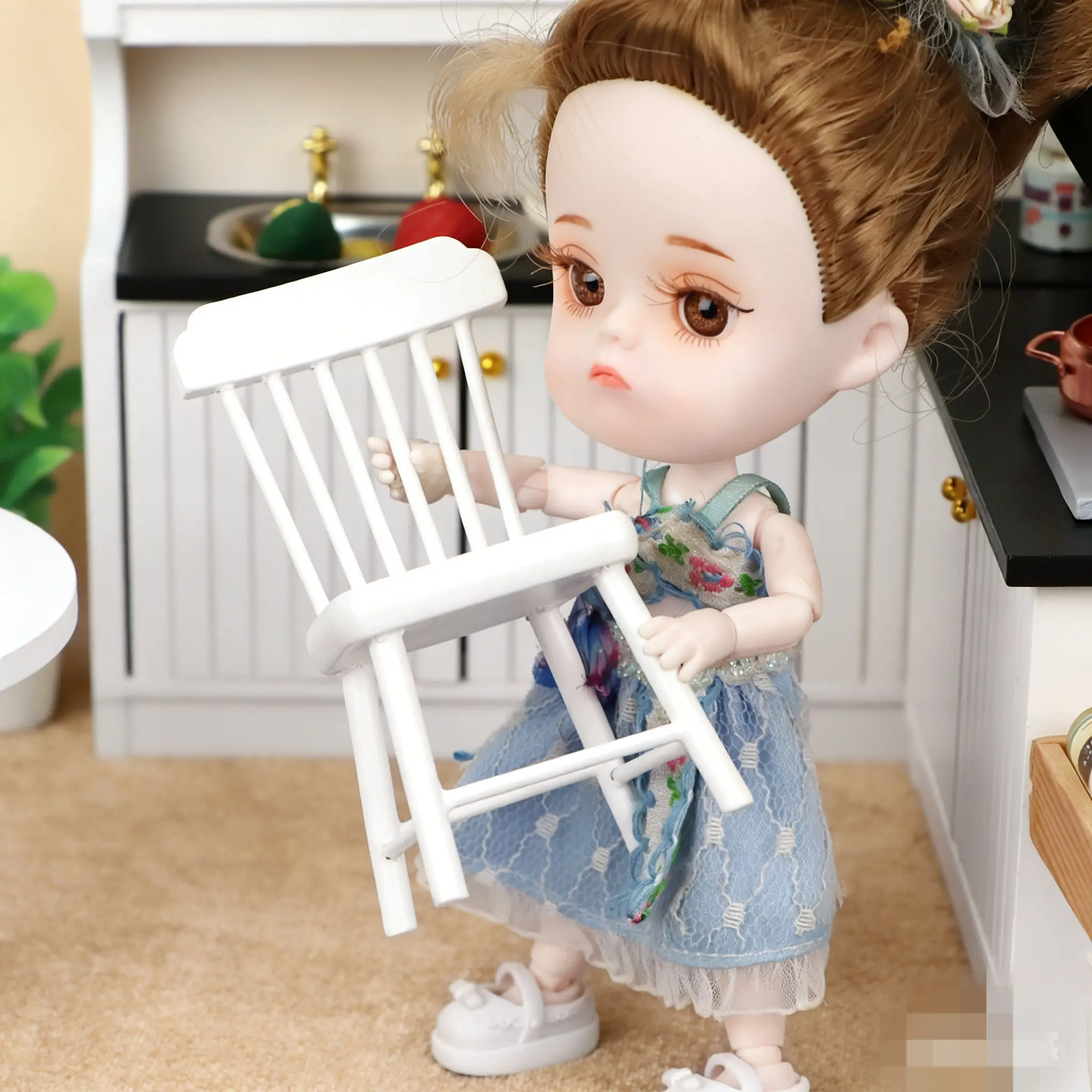 1:12 Dollhouse 3PCS Mini White Table Chair Set - Kitchen Furniture Model Accessory for Miniature House Small Fresh Decor