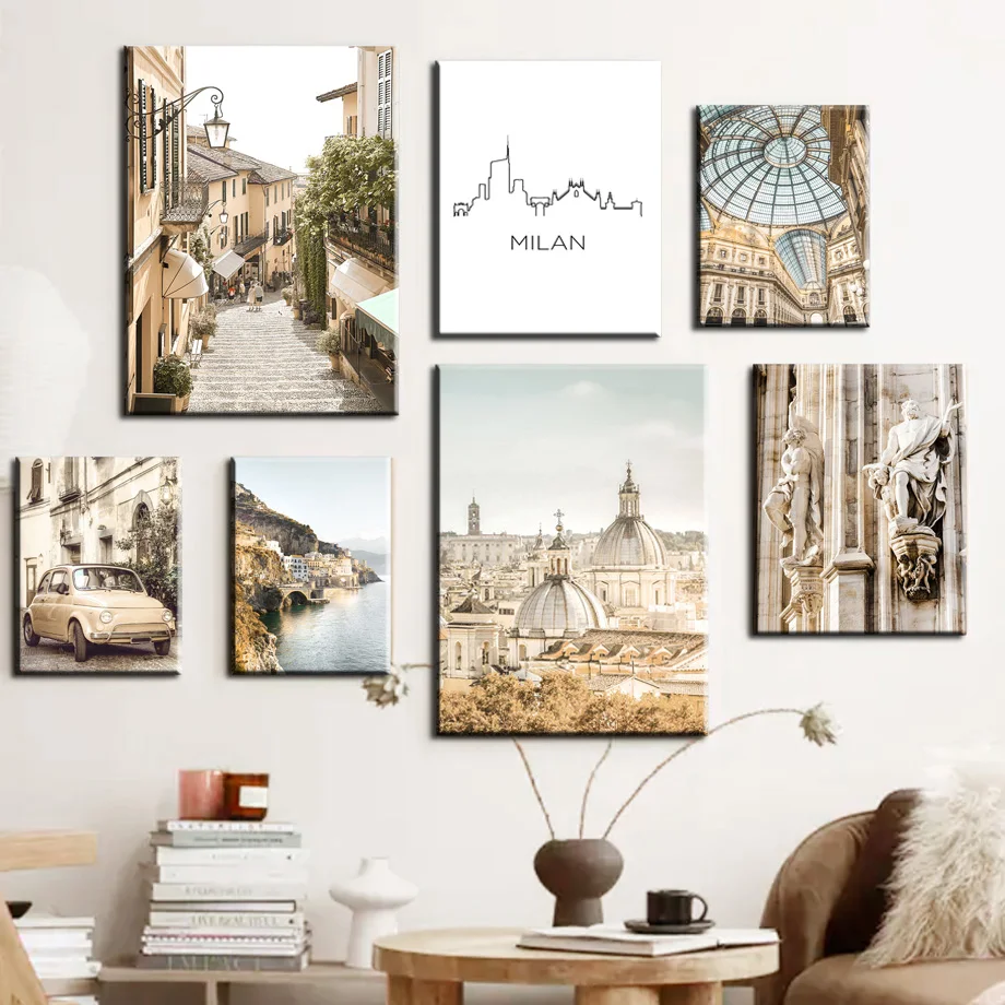 Wall Art Canvas Italy Church Car Milan Map Fashion Girl Nordic Posters Landsscape Picture Painting For Living Room Home Decor