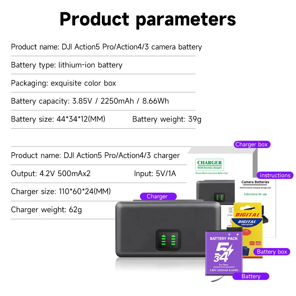 2250mAh For DJI OSMO Action 5 Battery Fast Charge Action 3 Camera Battery with Type-C USB LCD Dual Slot Battery Storage Box
