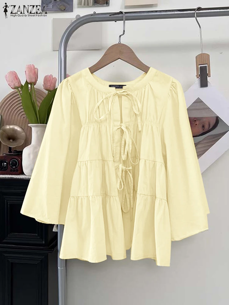 

ZANZEA Women Shirts Lace-Up Blouse Casual Flare Sleeve Tops O Neck Tunic 2025 Solid Color Fashion Summer Pullover Oversized