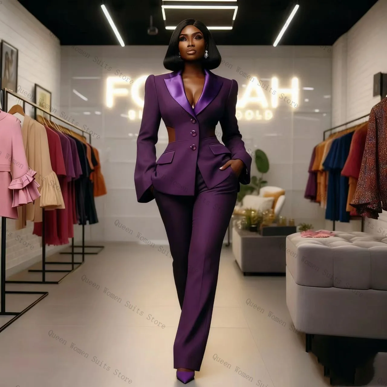 

Purple Women Suit Pants Set 2 Pcs Blazer+Trousers Cotton Formal Business Office Lady Jacket Wedding Guest Coat Customized