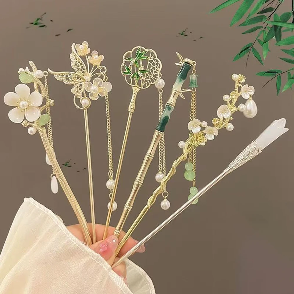 1/6 Uds. Palo para el pelo con borlas de estilo chino elegante, accesorio de peinado con diseño Floral tradicional, joyería para mujer, horquilla para el pelo