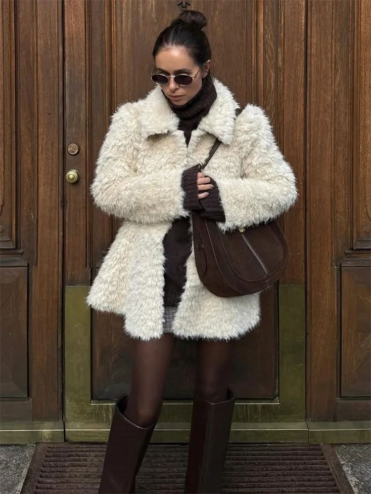 

Tossy Luxury White Loose Jackets Female Lapel Long Sleeve Sweater Cardigan Elegant Commute Clothes Winter Fur Feather Outwear