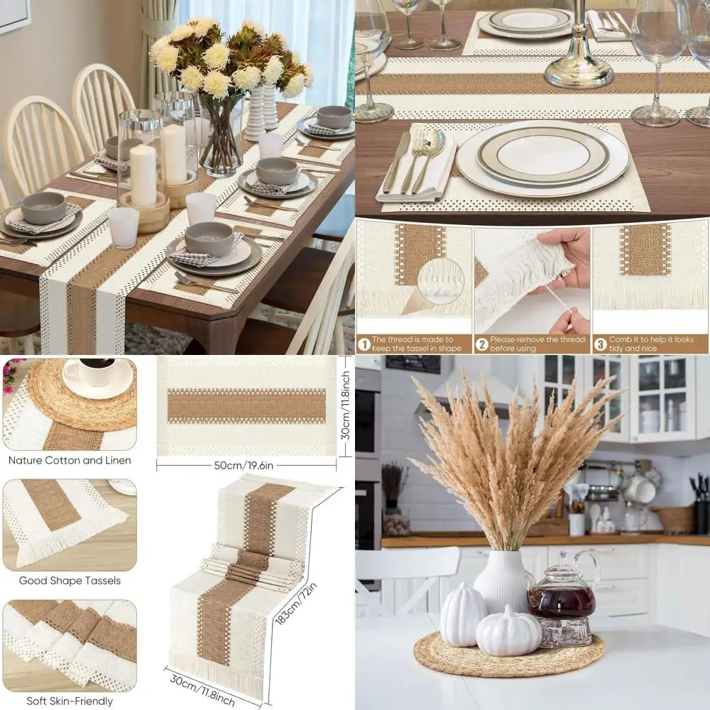 

Set of 6 Round Handwoven Placemats, Burlap Bohemian Style Table Mats with 72 Macrame Table Runner for Farmhouse Kitchen Decor