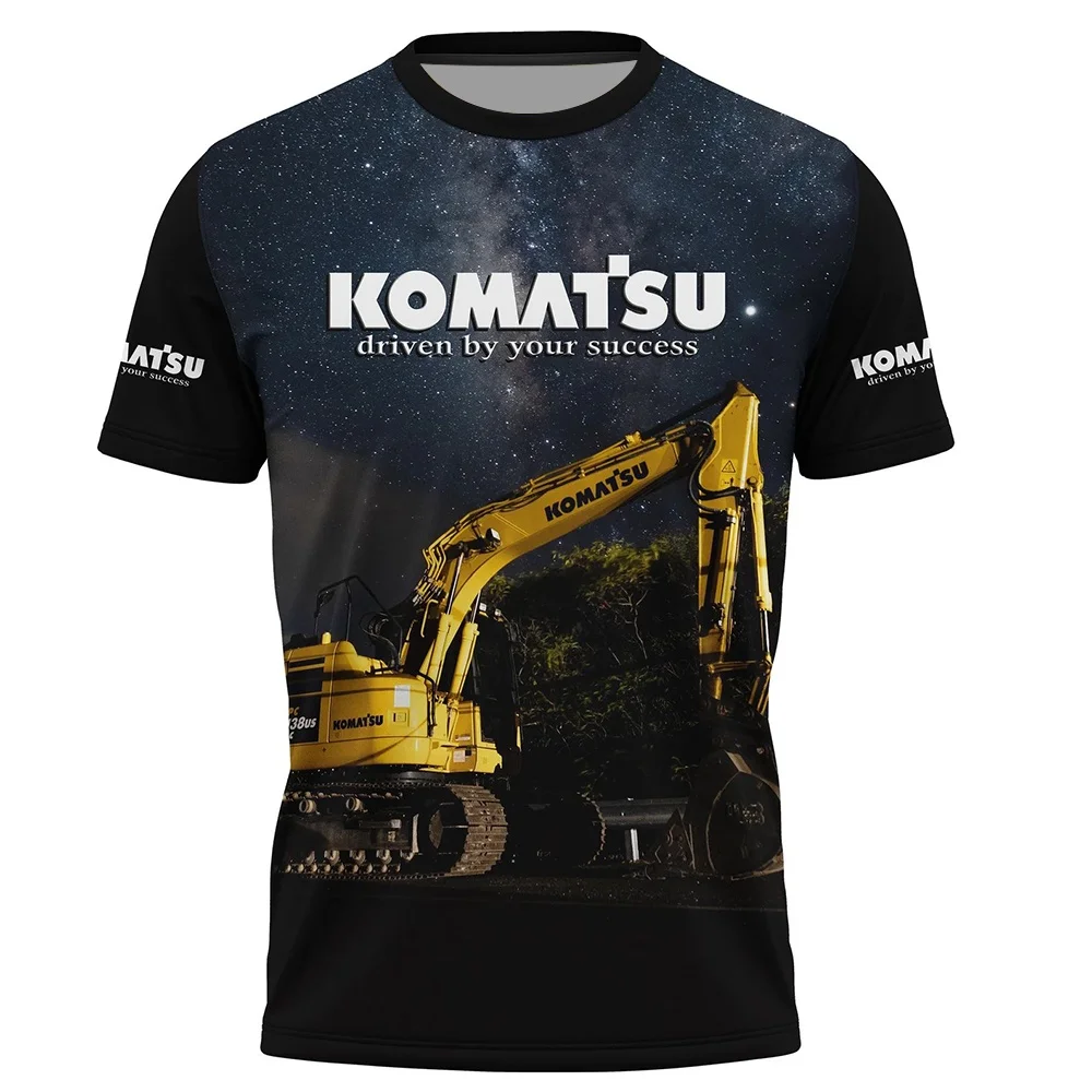 Excavator Construction Machinery 3D Printing Men\'s Summer Sports Short sleeved T-shirt Men\'s Komatsu O-neck Street Top T-shirt