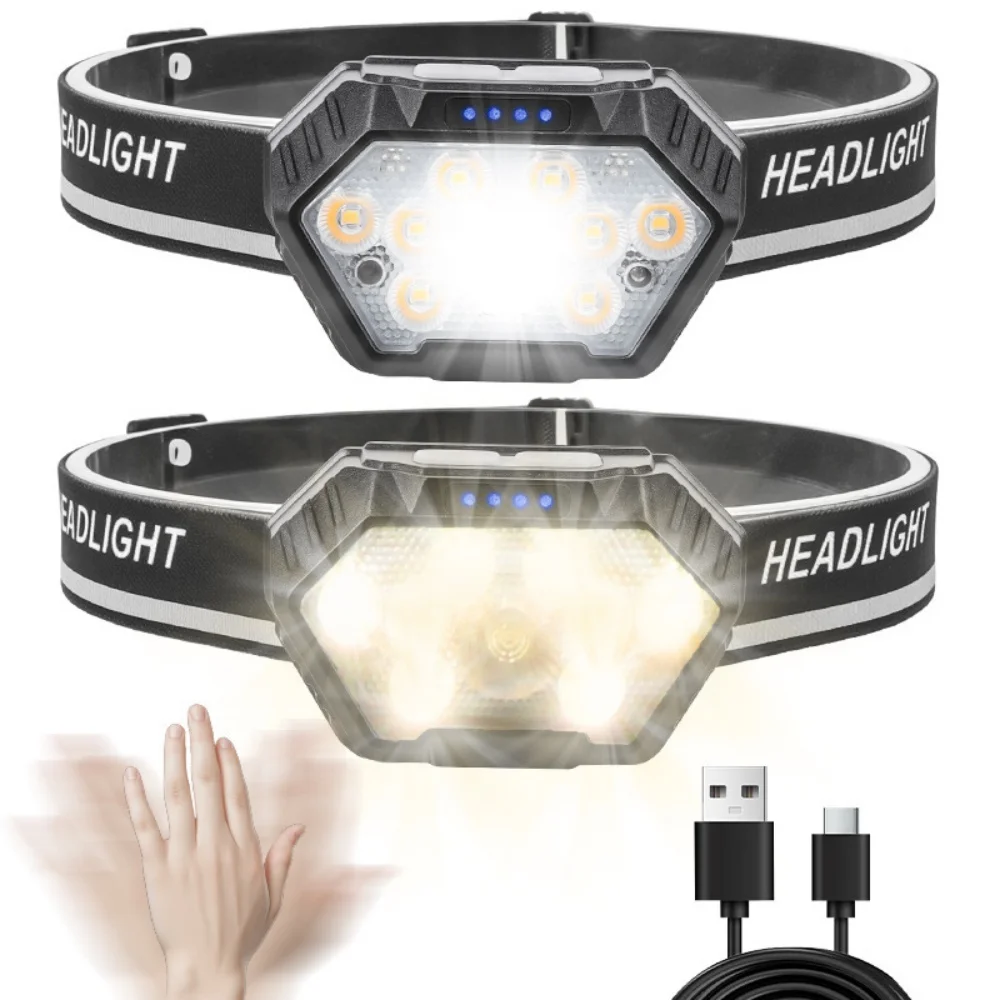 Motion Sensor Headlamp Rechargeable 2PCS Waterproof Head Lamp LED Front Head Light Camping Fishing Portable Flashlight Headlight