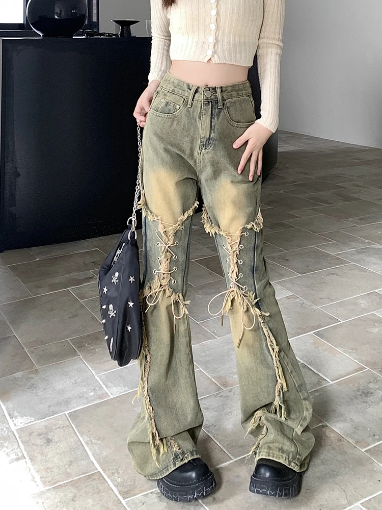 

American Style High Rise Lace-Up Distressed Flared Jeans Y2K Casual Street Denim Pants Female Trousers for Teen Girls Trousers