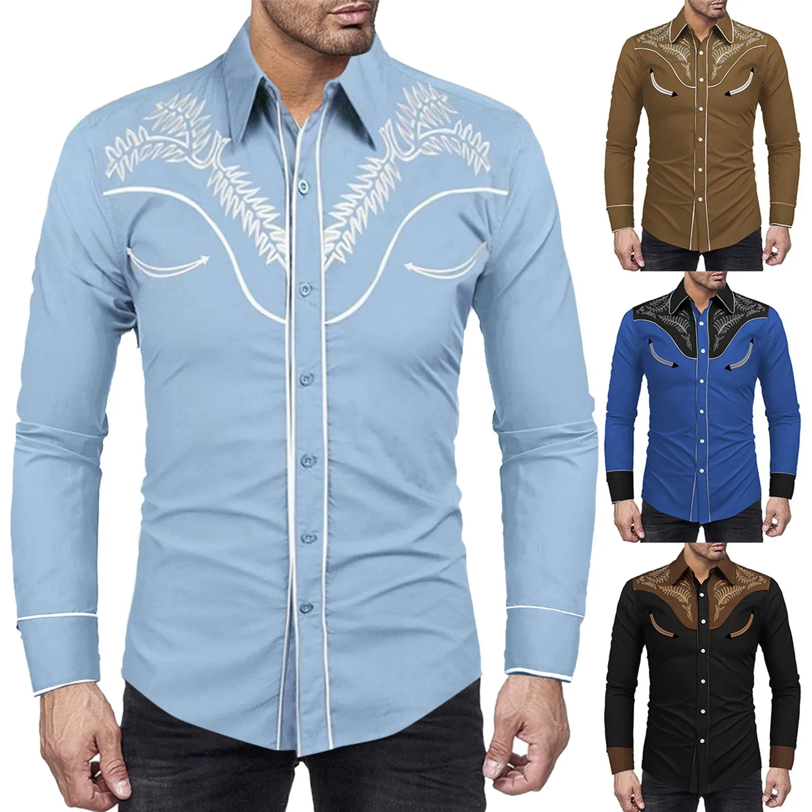 Stylish Western Cowboy Shirt Men Brand Design Slim Fit Casual Long Sleeve Shirts Mens Wedding Party Shirt for Male