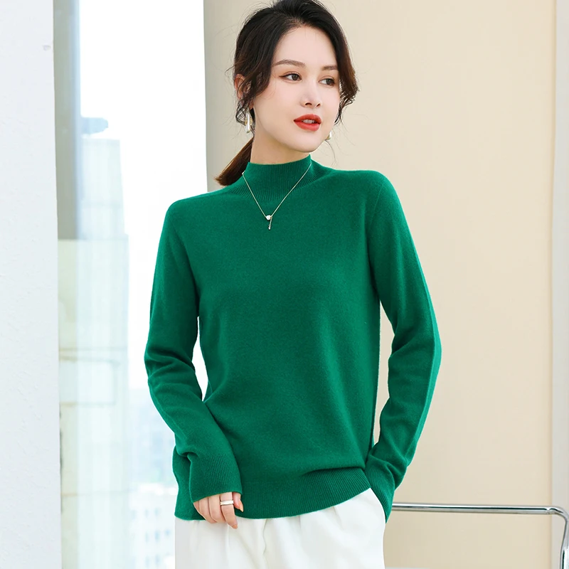 

Women Seamless Sweater 100% Sheep Wool Tee Tops Autumn & Winter Mock Neck Basic Knit Clothes Ladies Pure Wool Knitwear Pullovers