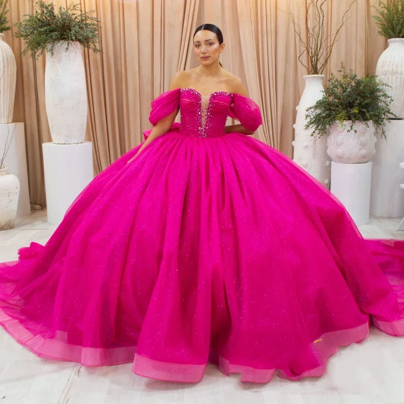 Customized Hot Pink Ball Gowns Quinceanera Dresses Off Shoulder Princess Girls Brithday Party Vestidos de XV Años 2025 Train