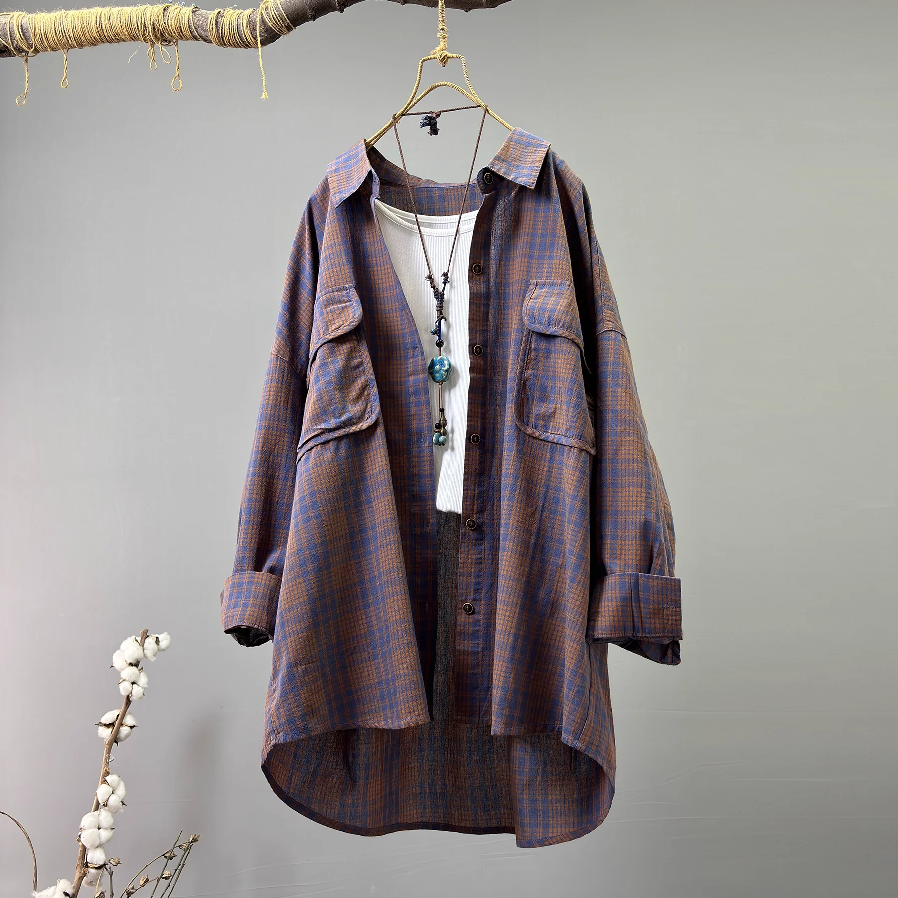 

Enianechu Bust 124 см, клетчатые рубашки и блузки из чистого хлопка для женщин, осенние винтажные топы с длинными рукавами, верхняя одежда