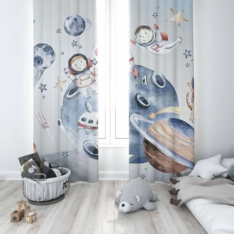 Space Astronaut Nursery Curtain Planet Kids Bedroom Curtains Black Out Nursery Decor Baby Room Bedroom Living Room Curtain