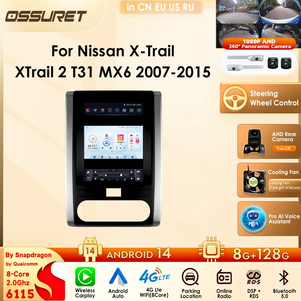 Autoradio multimédia Android 2DIN GPS WIFI Snapdragon 8 cœurs avec CarPlay sans fil pour Nissan X-Trail XTrail 2 T31 MX6 2007-2015