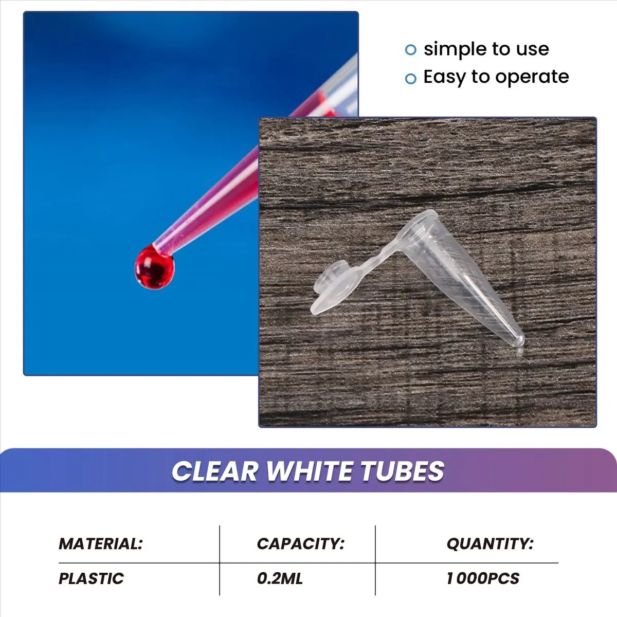 A10R 1000 Pcs 0.2ml Round Bottom Centrifuge Tubes w Attached Caps Clear White