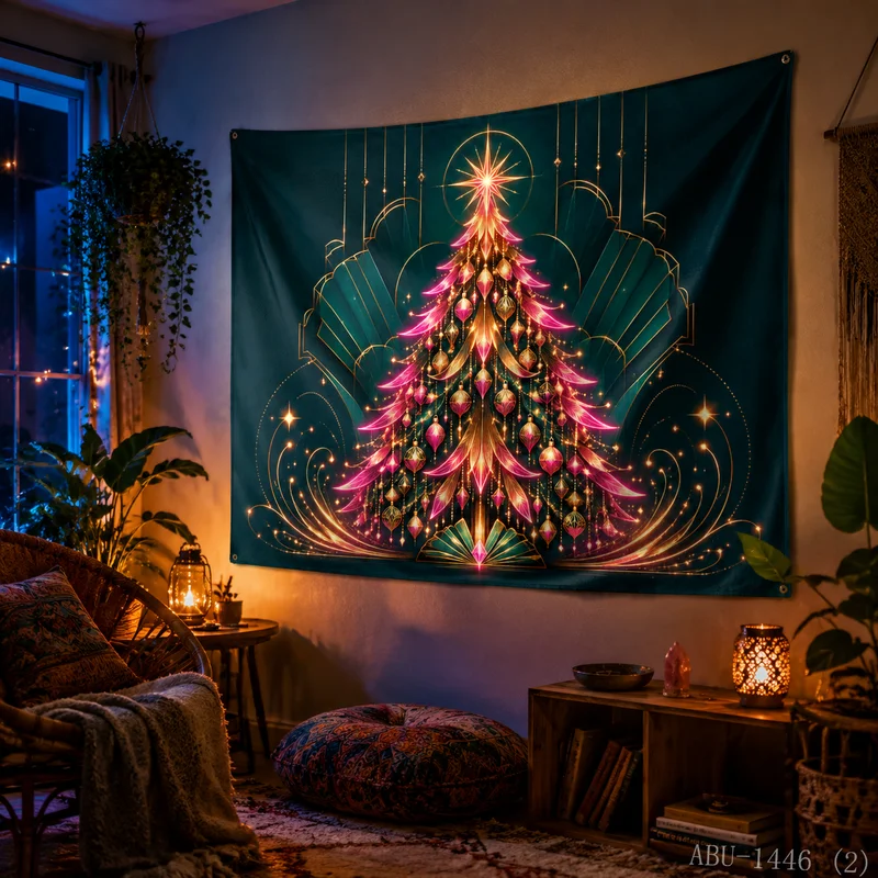 VIKAMA Gilded Pink Christmas Tree Starlight Luxury Christmas Tapestry Background Hanging Cloth Living Room Room Decoration