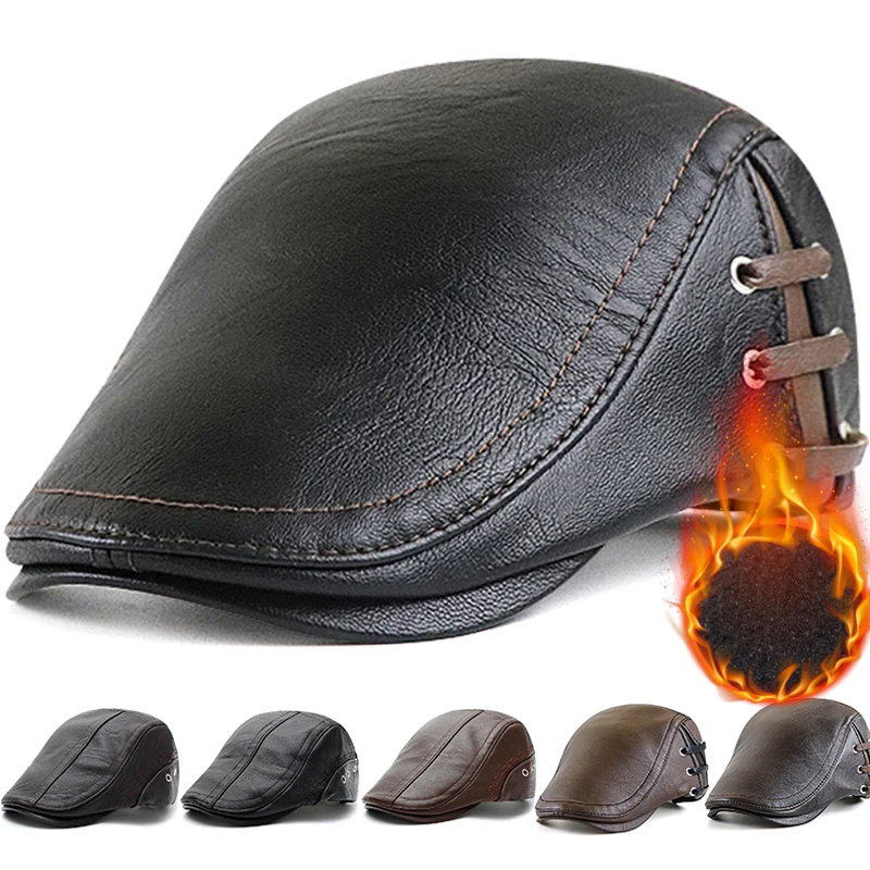 

Fashion Vintage Men PU Leather Beret Autumn Winter Visor Flat Cap Thicken Warm Hat Berets England Caps Higher Quality