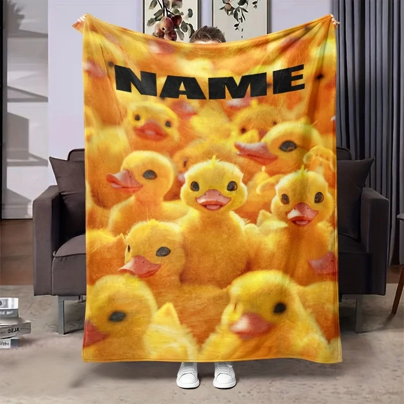 Customizable Name Yellow Duck Down Blanket - Comfortable All-Season Polyester Blanket with Adorable Duck Design,