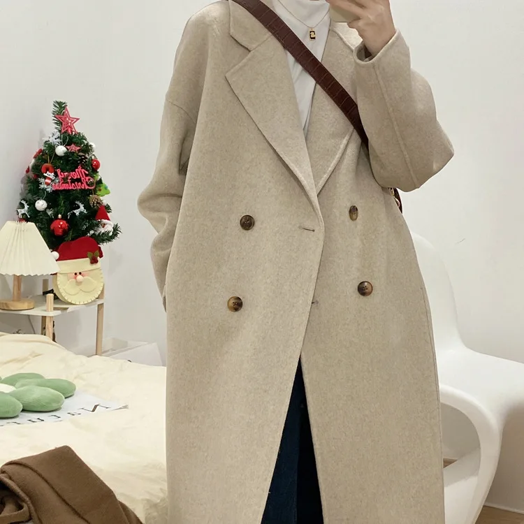 

Promotion 2023 Autumn Women Woolen Coat Turn Down Collar Drouble Breasted Women Cashmere Coat Casaco Feminino