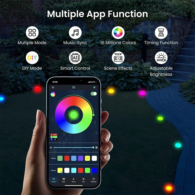 Novas luzes LED montadas no solo com WiFi para visualização de gramados, jardins de acampamento ao ar livre e luzes de gramado para pátios